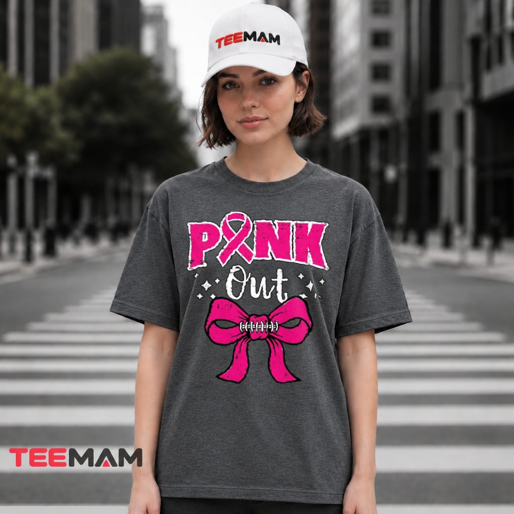 Pink Ribbon Football Bow Breast Cancer Awareness T-Shirt