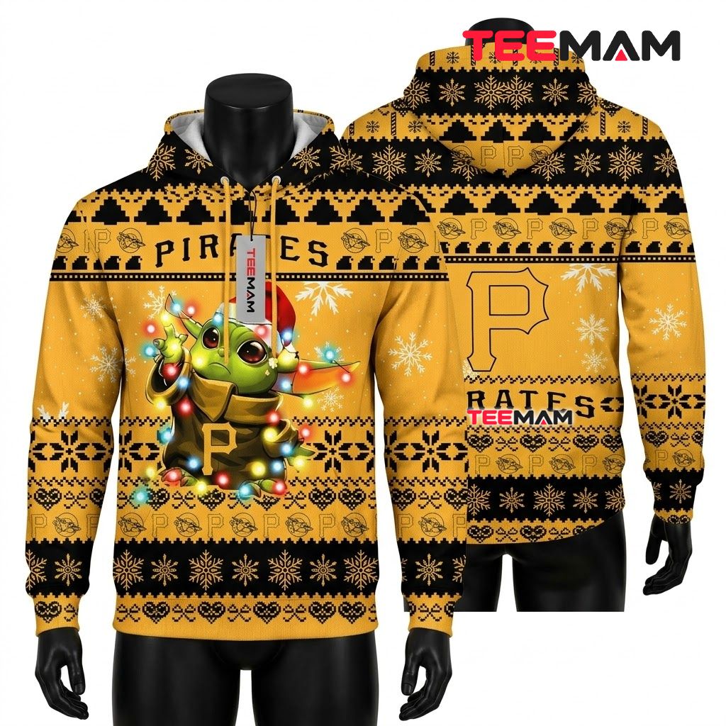 Pittsburgh Pirates 3D Hoodie Baby Yoda Christmas Lights Front