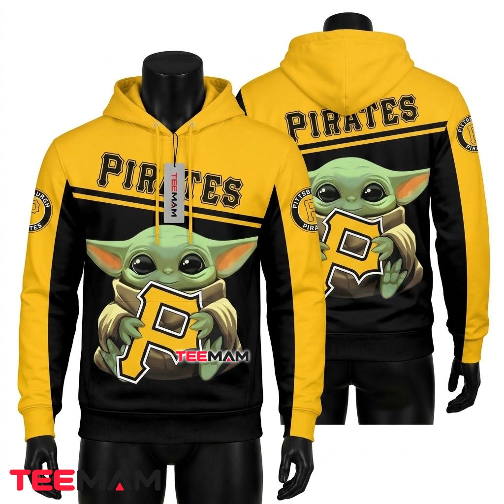 Pittsburgh Pirates 3D Hoodie Baby Yoda Hugging Logo Front