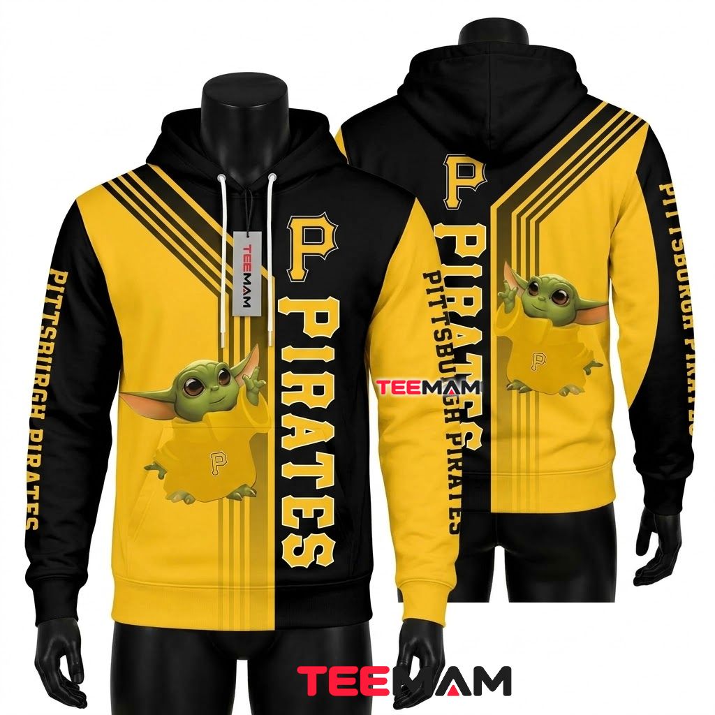 Pittsburgh Pirates 3D Hoodie Baby Yoda Split Color Stripe Front