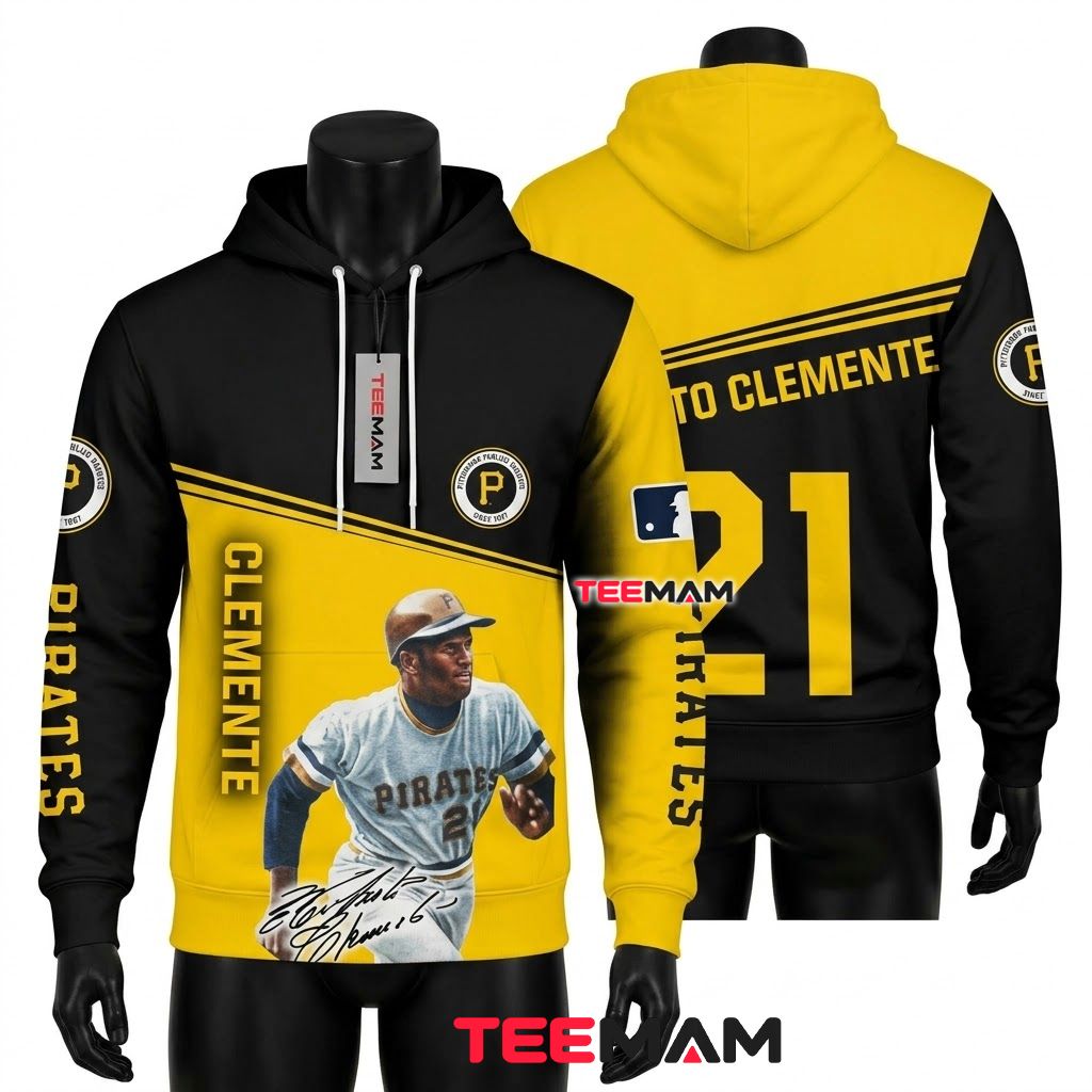 Pittsburgh Pirates 3D Hoodie Roberto Clemente 21 Player Portrait Front