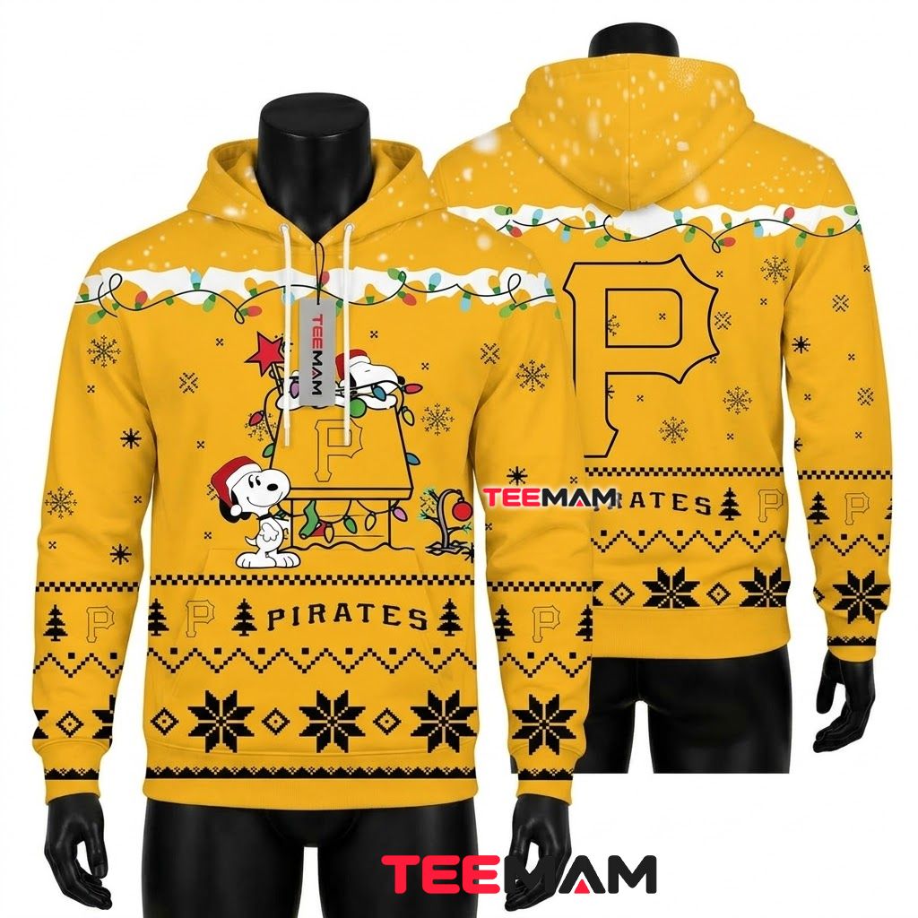 Pittsburgh Pirates 3D Hoodie Snoopy Christmas Lights Doghouse Front