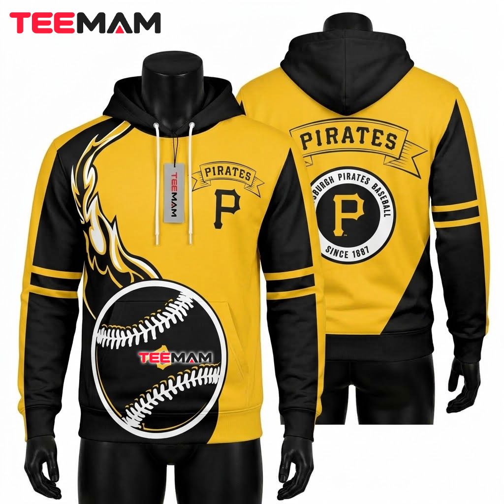 Pittsburgh Pirates All Over Print 3D Hoodie Flame Baseball Split Front