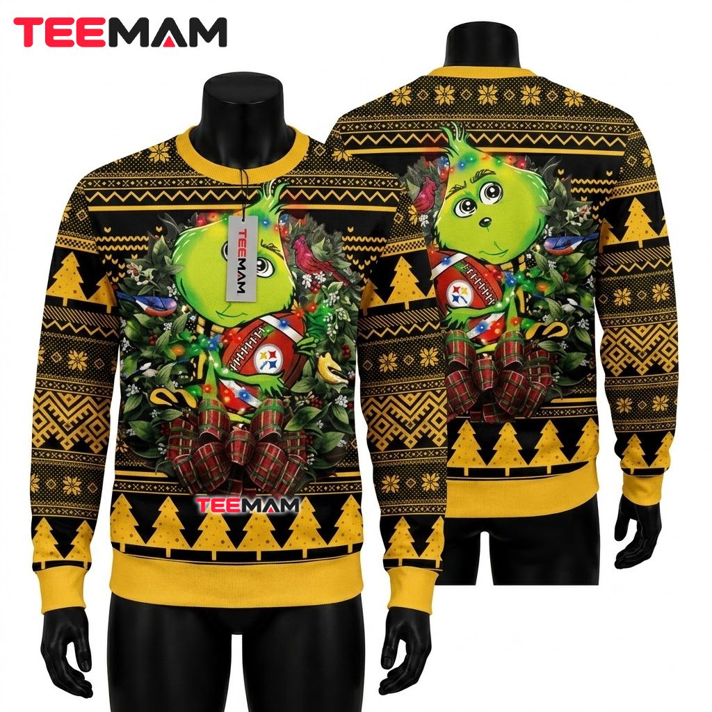 Pittsburgh Steelers Christmas Ugly Sweater Baby Grinch Wreath Design Front