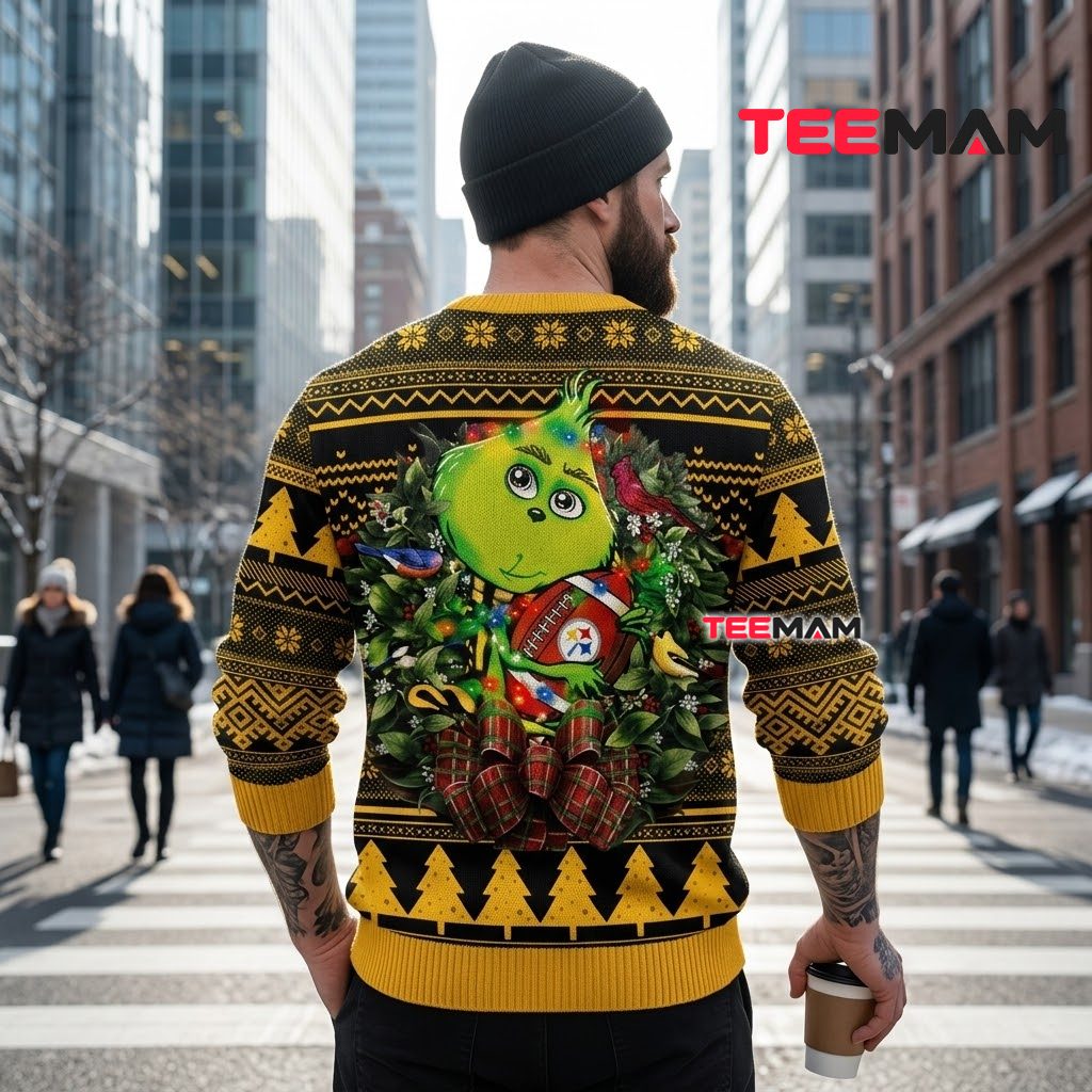 Pittsburgh Steelers Christmas Ugly Sweater Baby Grinch Wreath Design Version 3 Pittsburgh Steelers Christmas Ugly Sweater Baby Grinch Wreath Design Version 3