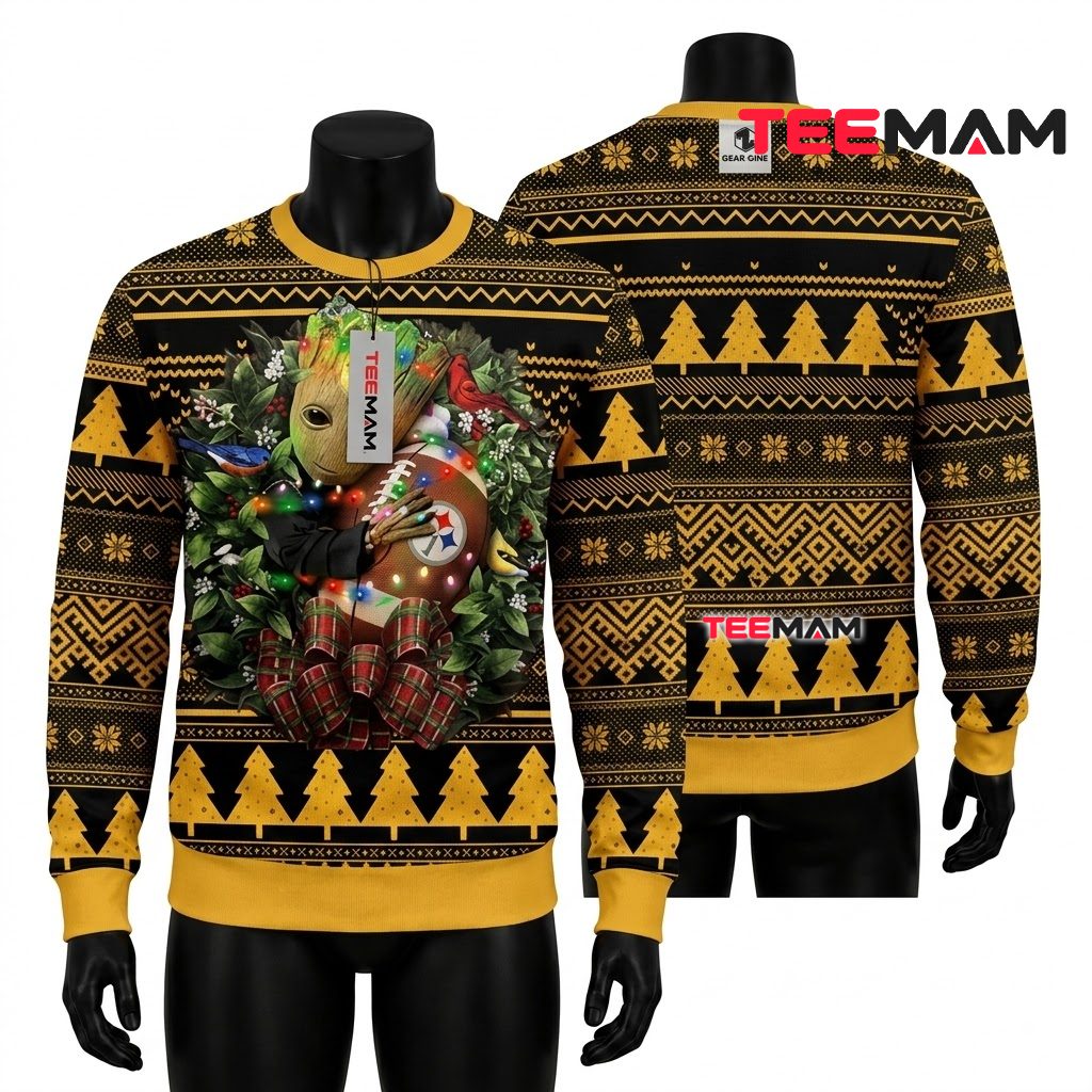 Pittsburgh Steelers Christmas Ugly Sweater Baby Groot Football Design Front