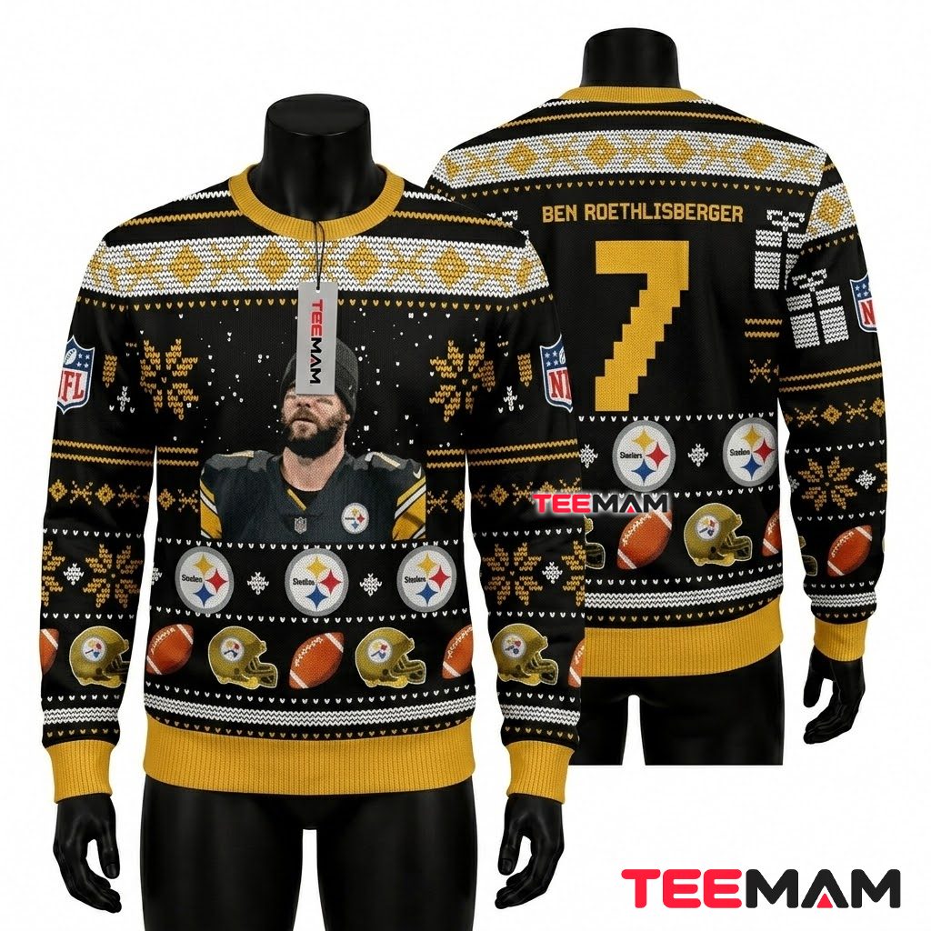Pittsburgh Steelers Christmas Ugly Sweater Ben Roethlisberger Portrait Design Front