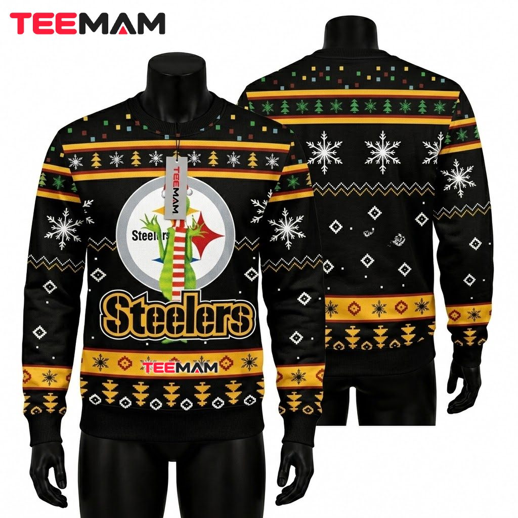 Pittsburgh Steelers Christmas Ugly Sweater Grinch Scarf Logo Design Front