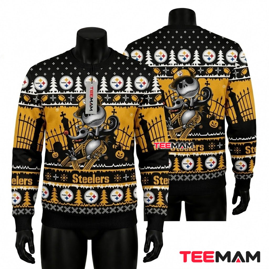 Pittsburgh Steelers Christmas Ugly Sweater Jack Skellington Sitting Design Front