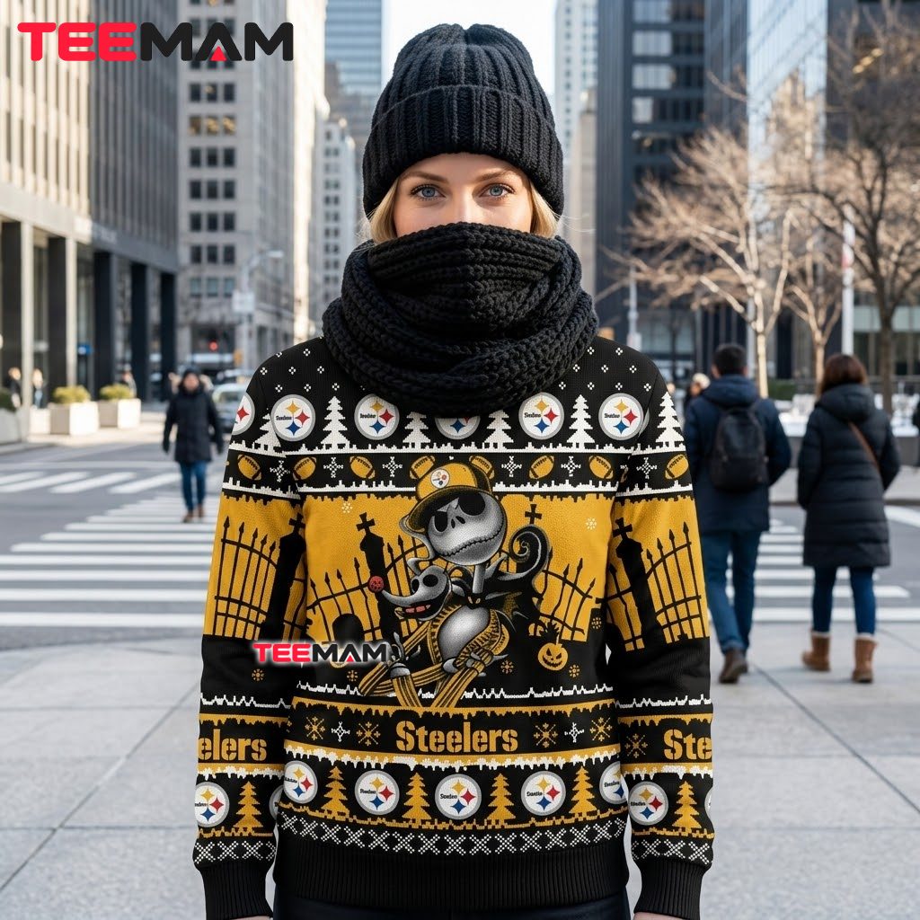Pittsburgh Steelers Christmas Ugly Sweater Jack Skellington Sitting Design Back Pittsburgh Steelers Christmas Ugly Sweater Jack Skellington Sitting Design Back