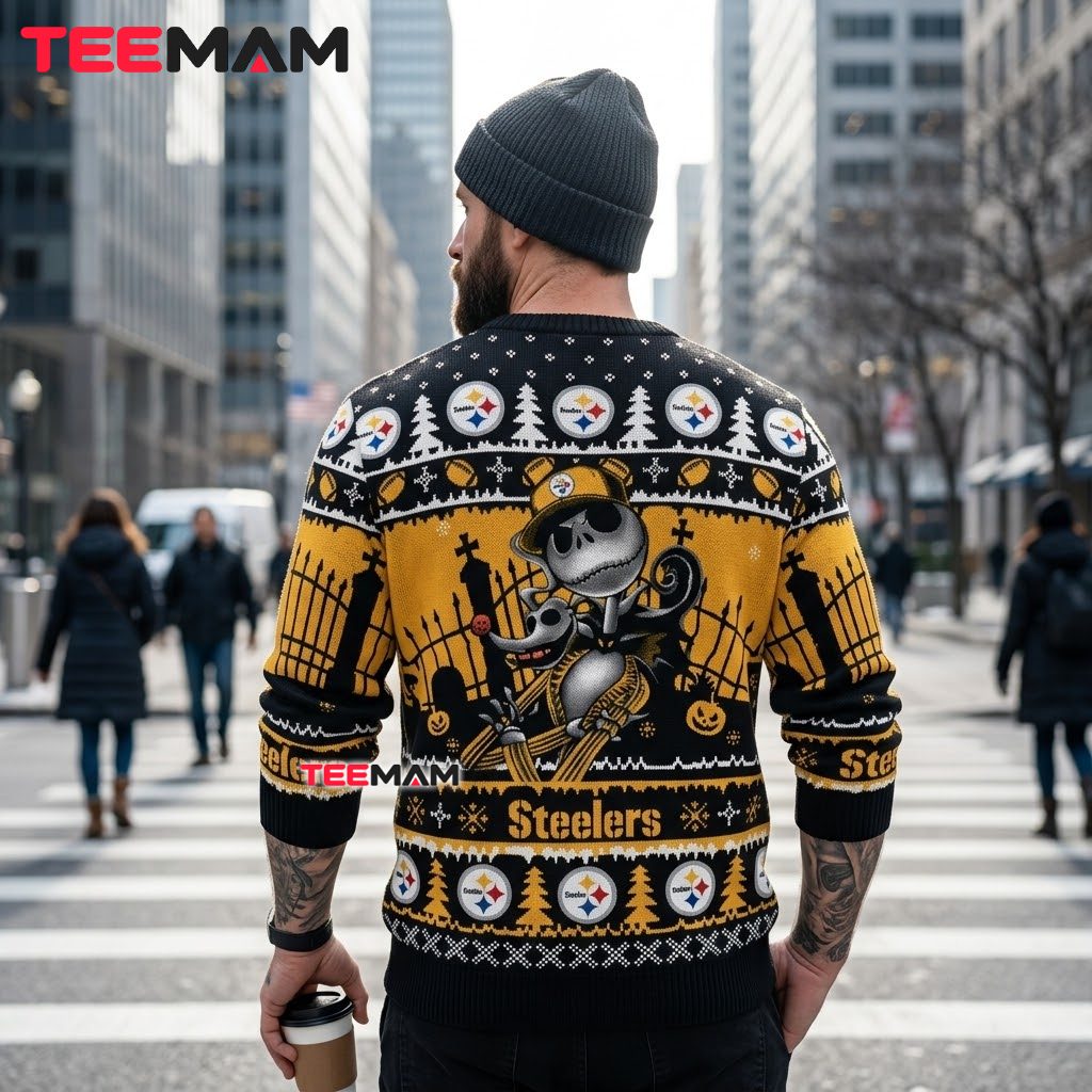 Pittsburgh Steelers Christmas Ugly Sweater Jack Skellington Sitting Design Version 3 Pittsburgh Steelers Christmas Ugly Sweater Jack Skellington Sitting Design Version 3