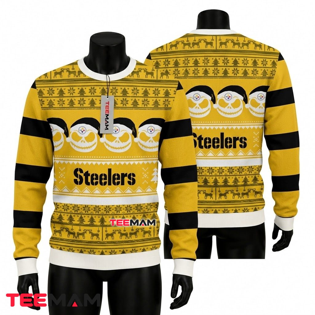 Pittsburgh Steelers Christmas Ugly Sweater Jack Skellington Skull Design Front