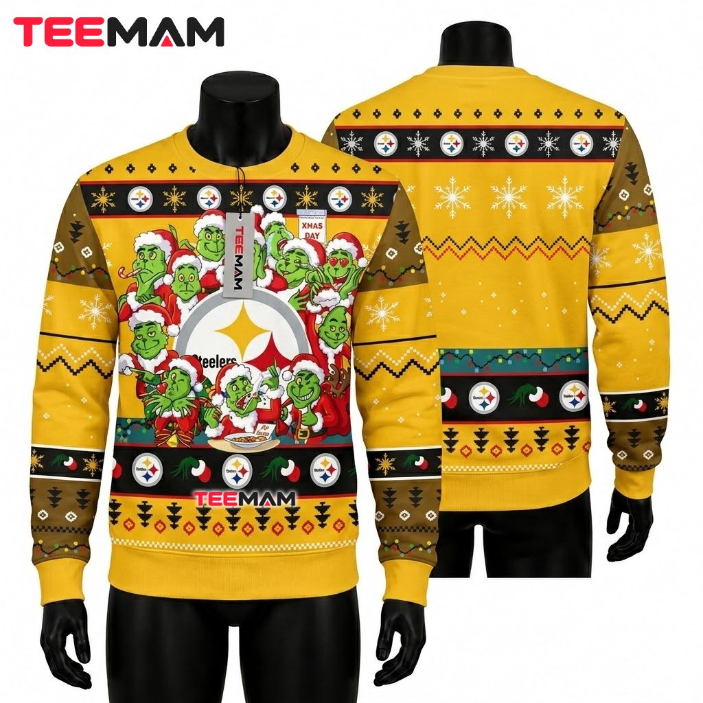Pittsburgh Steelers Christmas Ugly Sweater Multiple Grinch Faces Design Front
