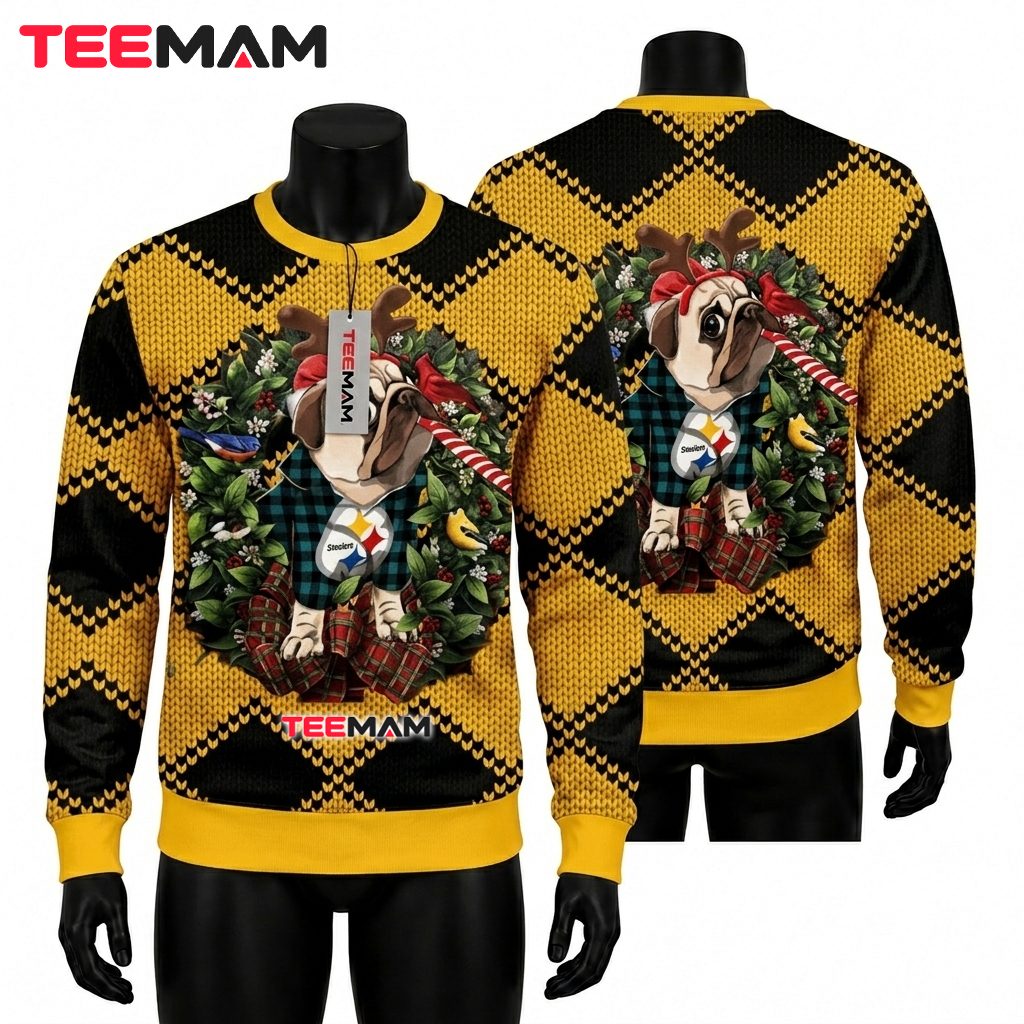 Pittsburgh Steelers Christmas Ugly Sweater Reindeer Pug Wreath Design Front