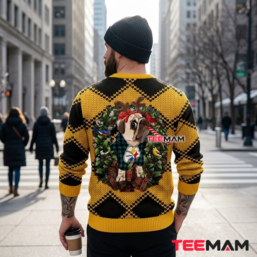 Pittsburgh Steelers Christmas Ugly Sweater Reindeer Pug Wreath Design Version 3 Pittsburgh Steelers Christmas Ugly Sweater Reindeer Pug Wreath Design Version 3