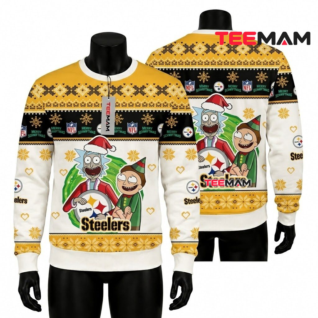 Pittsburgh Steelers Christmas Ugly Sweater Rick Morty Duo Design Front