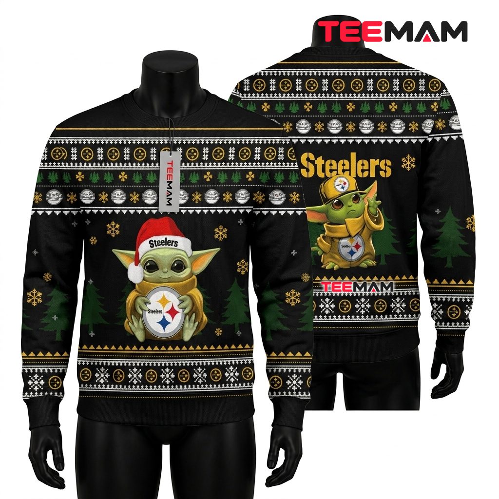 Pittsburgh Steelers Ugly Christmas Sweater Baby Yoda Santa Design Front