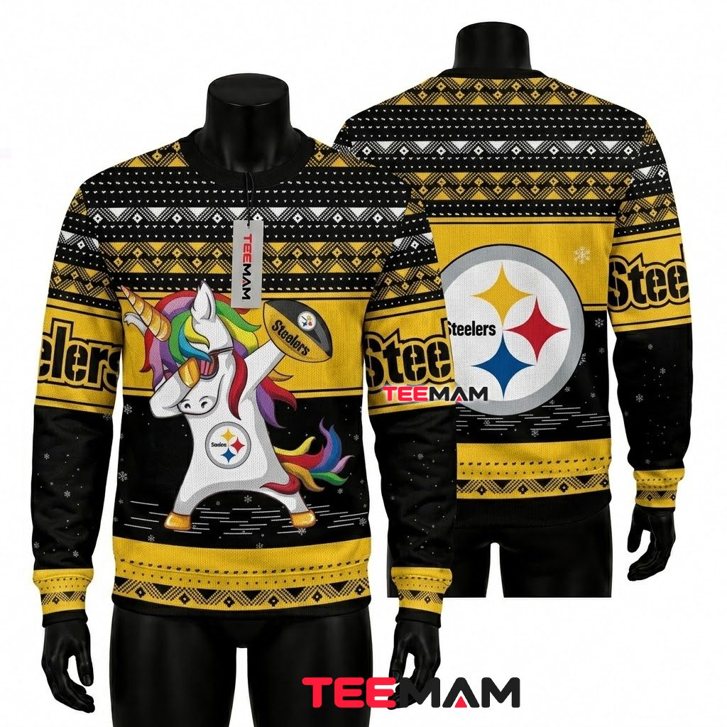 Pittsburgh Steelers Ugly Christmas Sweater Dabbing Unicorn Design Front