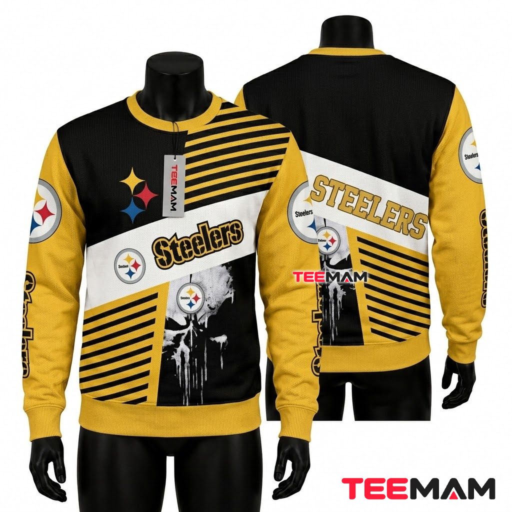 Pittsburgh Steelers Ugly Christmas Sweater Diagonal Stripes Skull Design Front