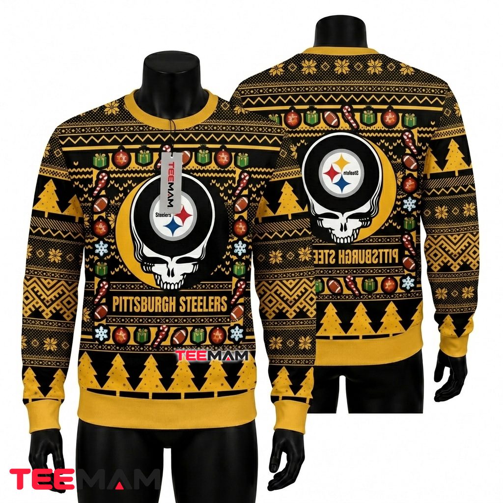 Pittsburgh Steelers Ugly Christmas Sweater Grateful Dead Skull Design Front
