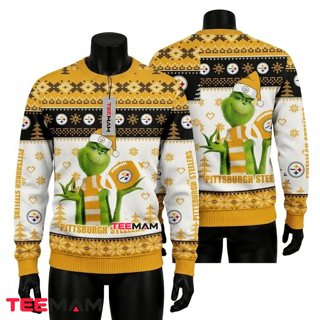 Pittsburgh Steelers Ugly Christmas Sweater Grinch Scarf Football Design Front