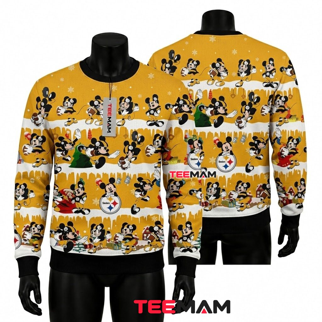 Pittsburgh Steelers Ugly Christmas Sweater Mickey Mouse Pattern Design Front