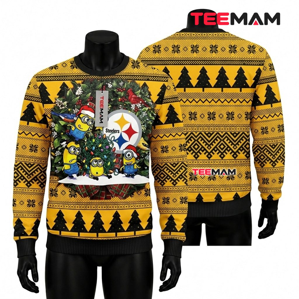 Pittsburgh Steelers Ugly Christmas Sweater Minions Wreath Design Front