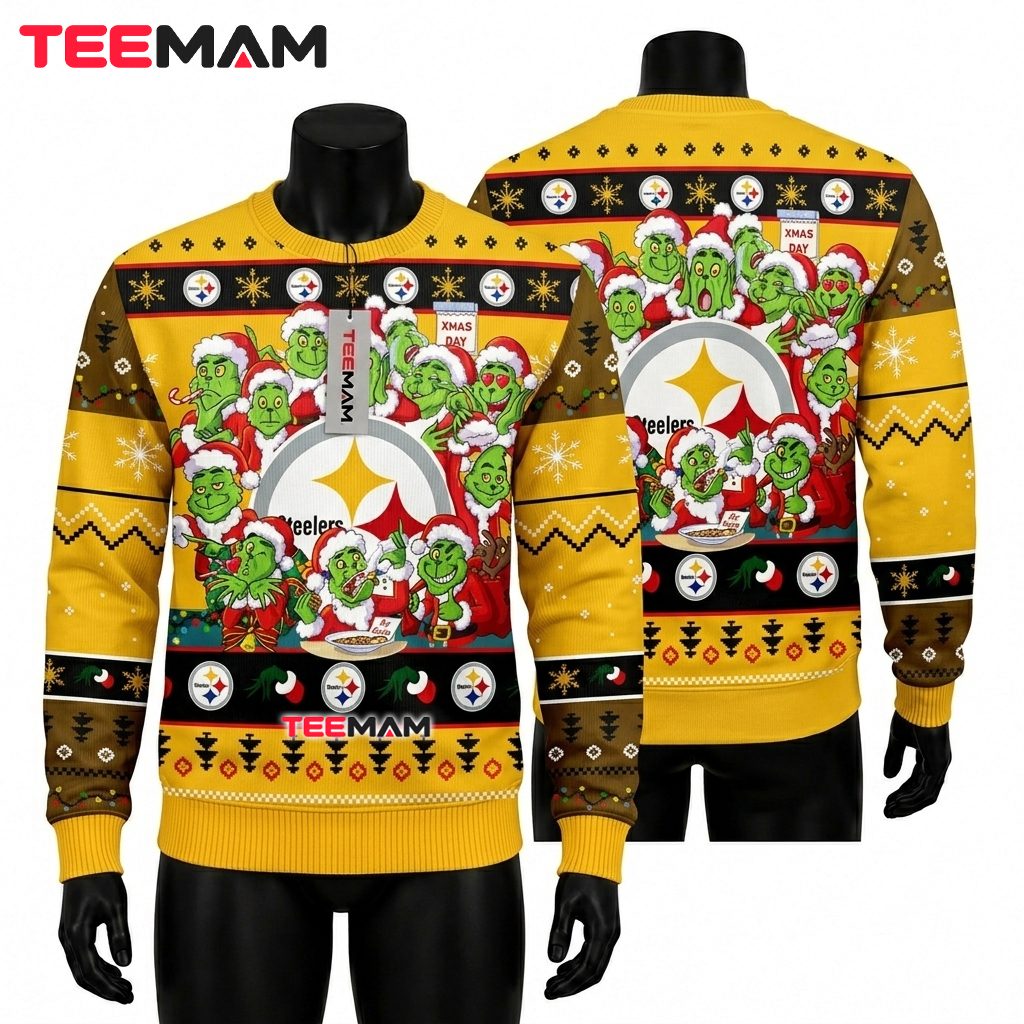 Pittsburgh Steelers Ugly Christmas Sweater Multiple Grinch Faces Design Front