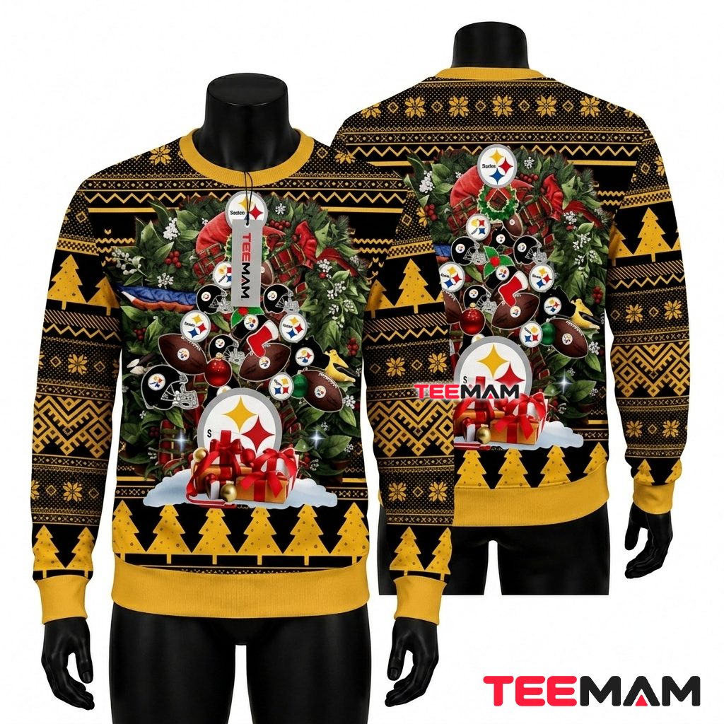 Pittsburgh Steelers Ugly Christmas Sweater Ornament Tree Gifts Design Front