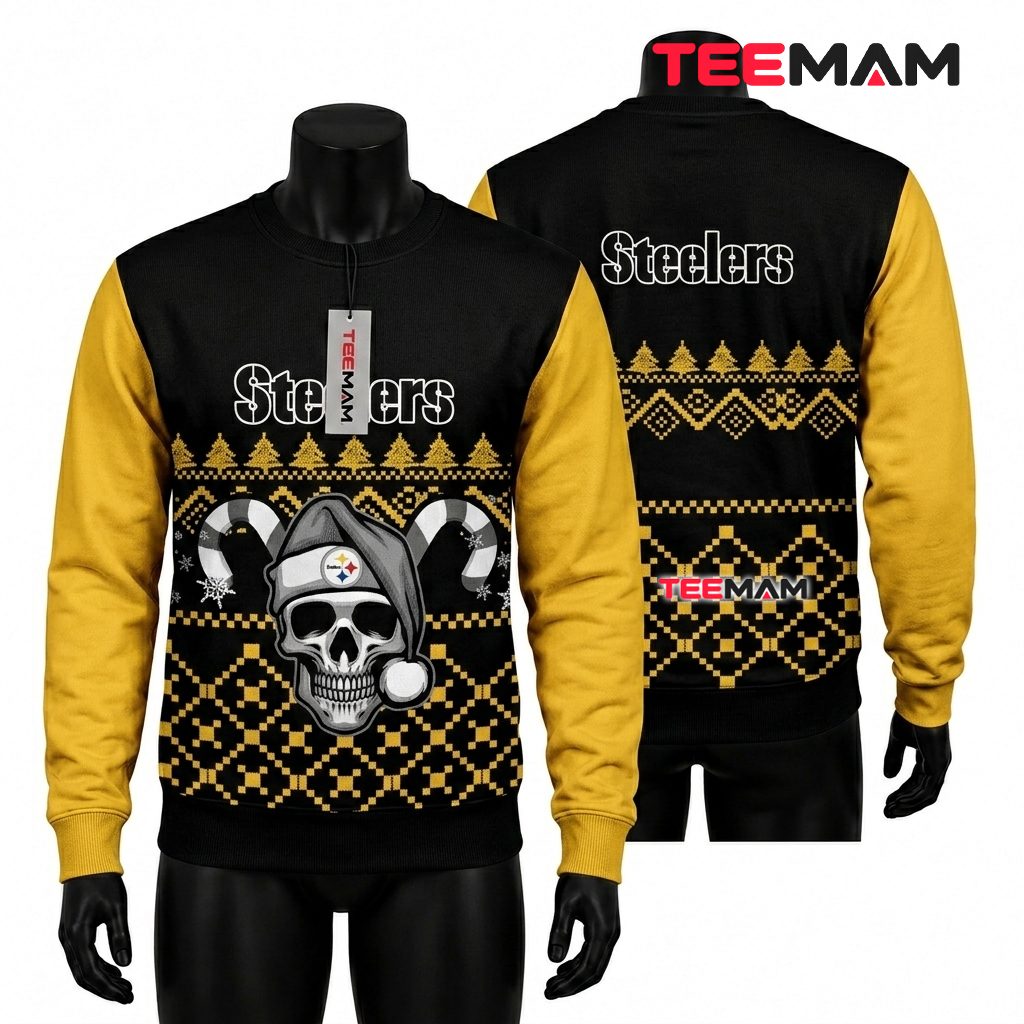 Pittsburgh Steelers Ugly Christmas Sweater Skull Beanie Candy Design Front