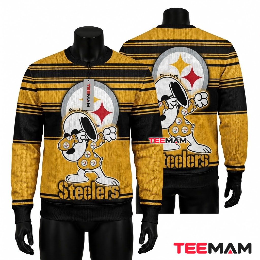 Pittsburgh Steelers Ugly Christmas Sweater Snoopy Dabbing Pose Design Front