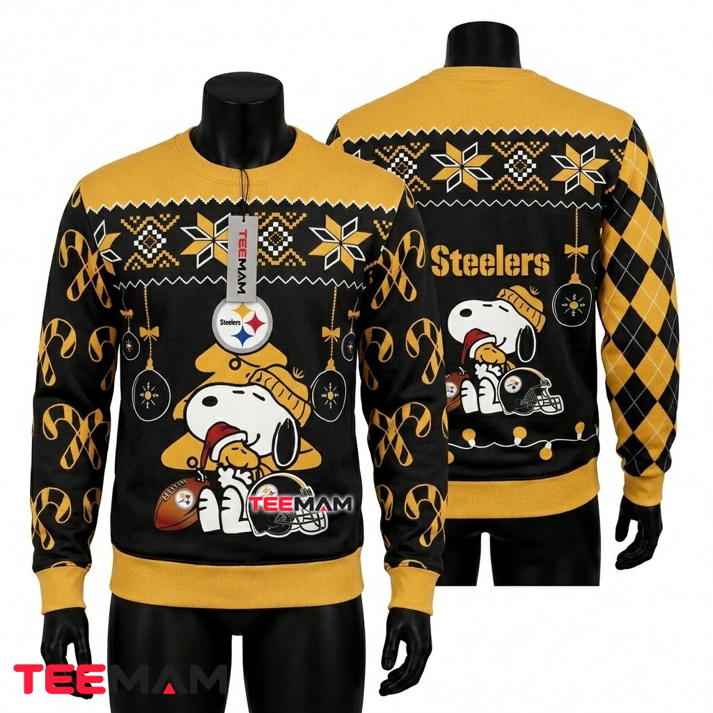 Pittsburgh Steelers Ugly Christmas Sweater Snoopy Woodstock Helmet Design Front