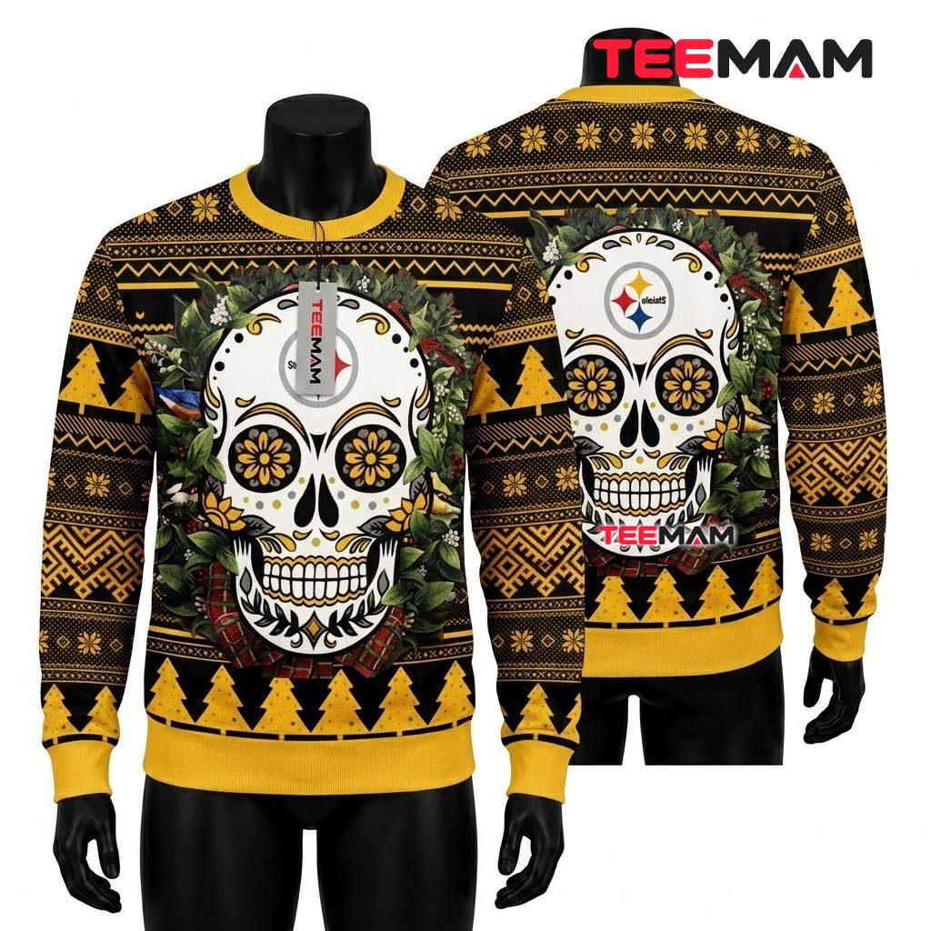 Pittsburgh Steelers Ugly Christmas Sweater Sugar Skull Wreath Design Front