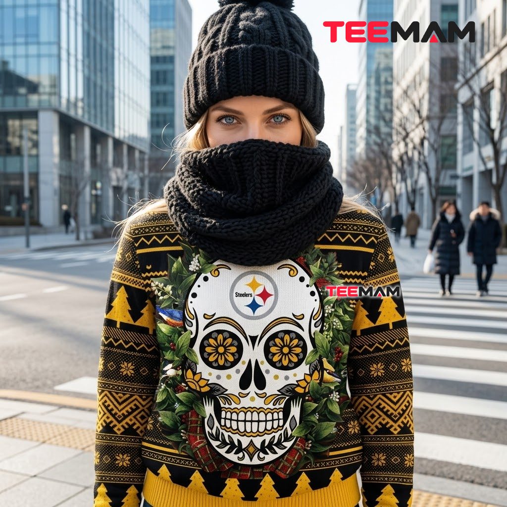 Pittsburgh Steelers Ugly Christmas Sweater Sugar Skull Wreath Design Back Pittsburgh Steelers Ugly Christmas Sweater Sugar Skull Wreath Design Back