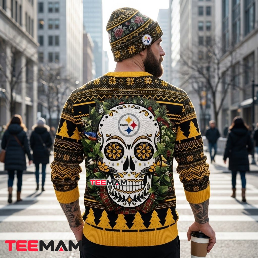 Pittsburgh Steelers Ugly Christmas Sweater Sugar Skull Wreath Design Version 3 Pittsburgh Steelers Ugly Christmas Sweater Sugar Skull Wreath Design Version 3