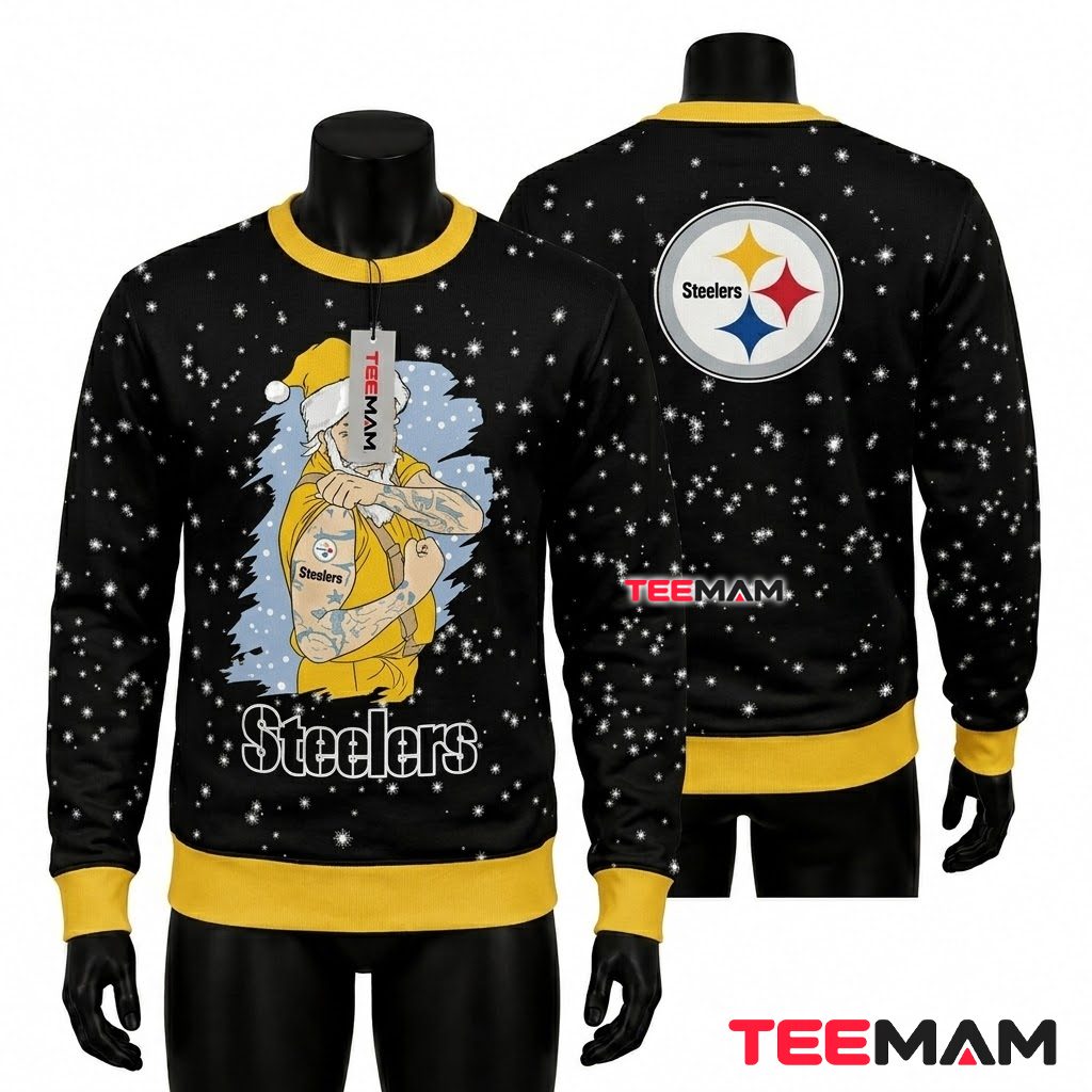 Pittsburgh Steelers Ugly Christmas Sweater Tattooed Santa Design Front