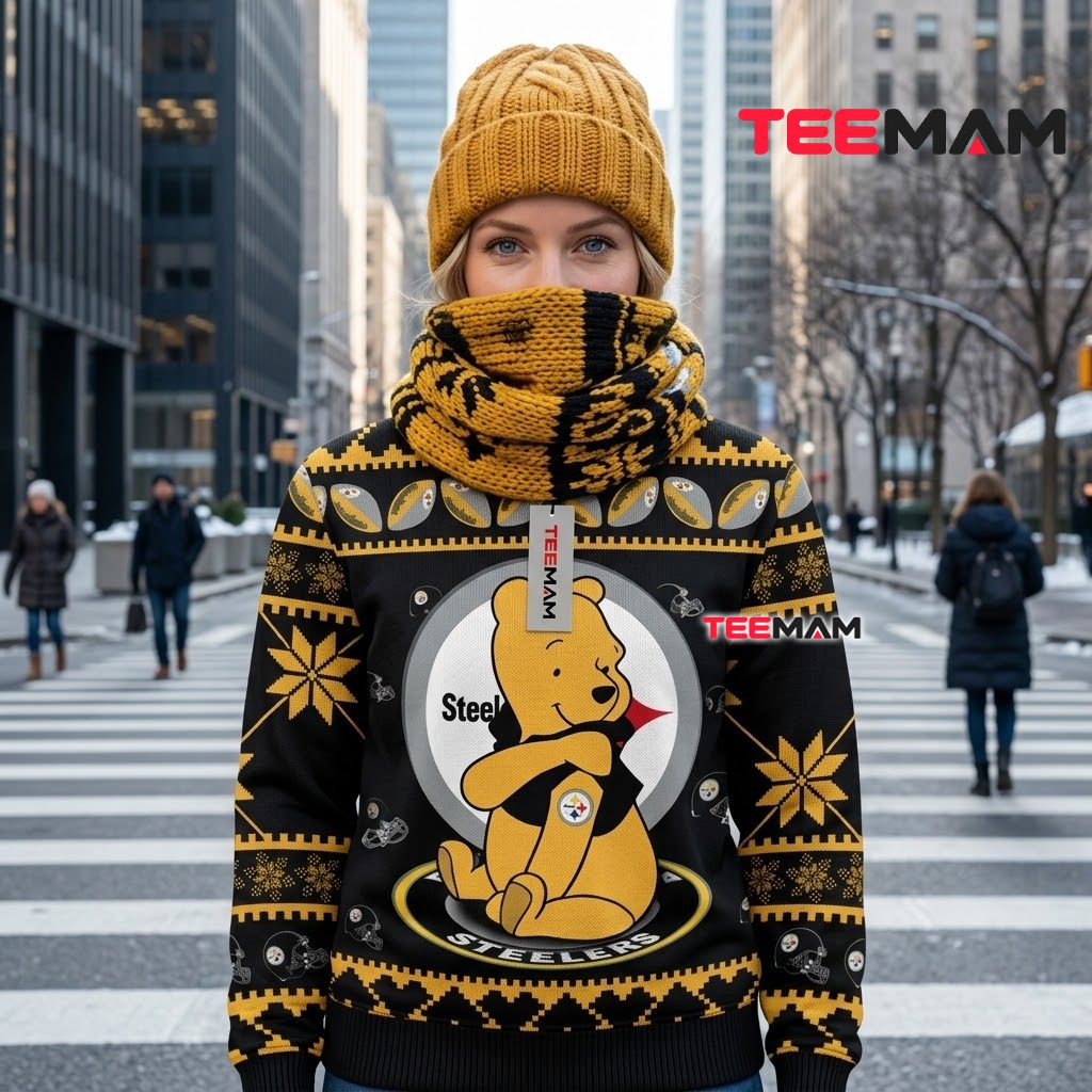 Pittsburgh Steelers Ugly Christmas Sweater Winnie Pooh Sitting Design Back Pittsburgh Steelers Ugly Christmas Sweater Winnie Pooh Sitting Design Back