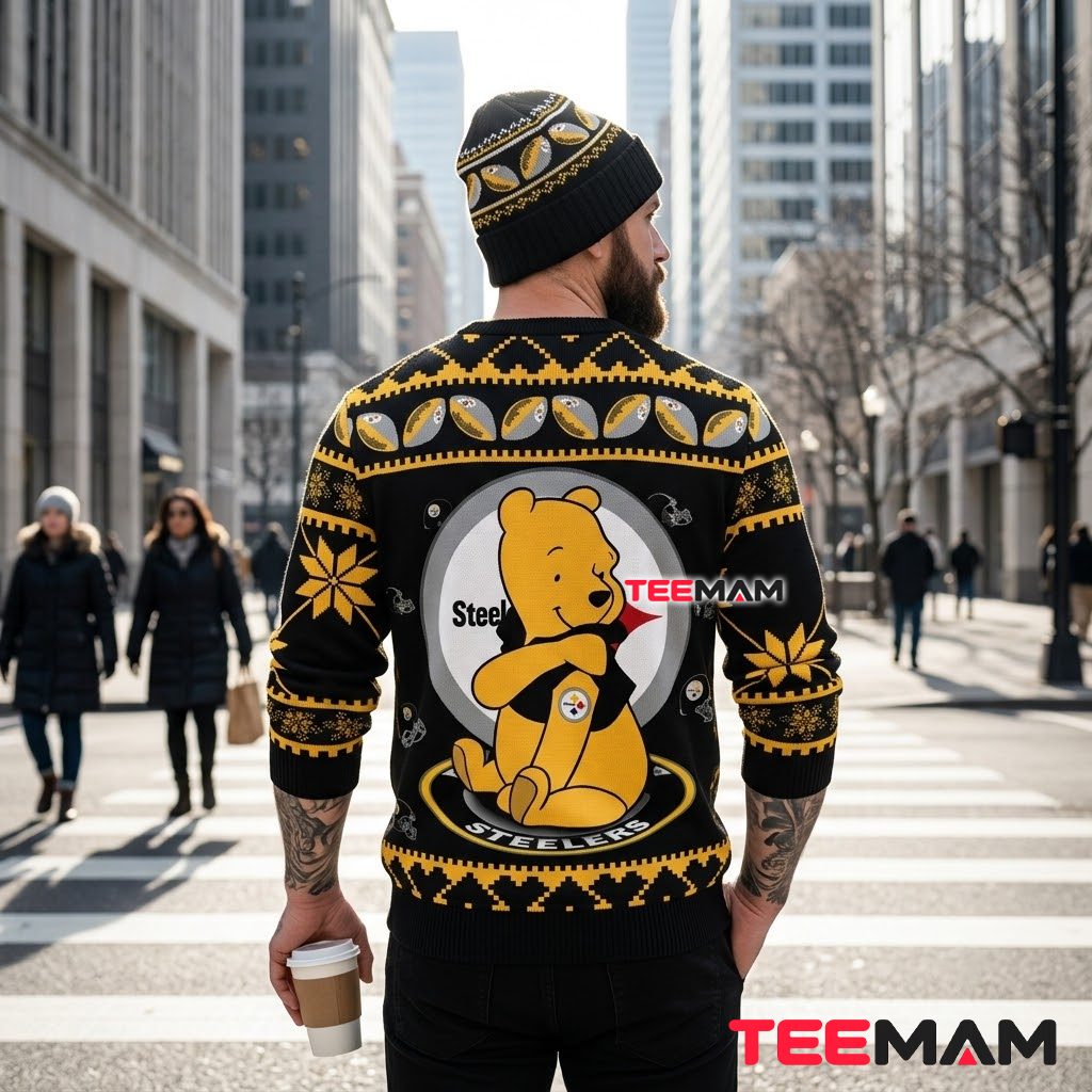 Pittsburgh Steelers Ugly Christmas Sweater Winnie Pooh Sitting Design Version 3 Pittsburgh Steelers Ugly Christmas Sweater Winnie Pooh Sitting Design Version 3
