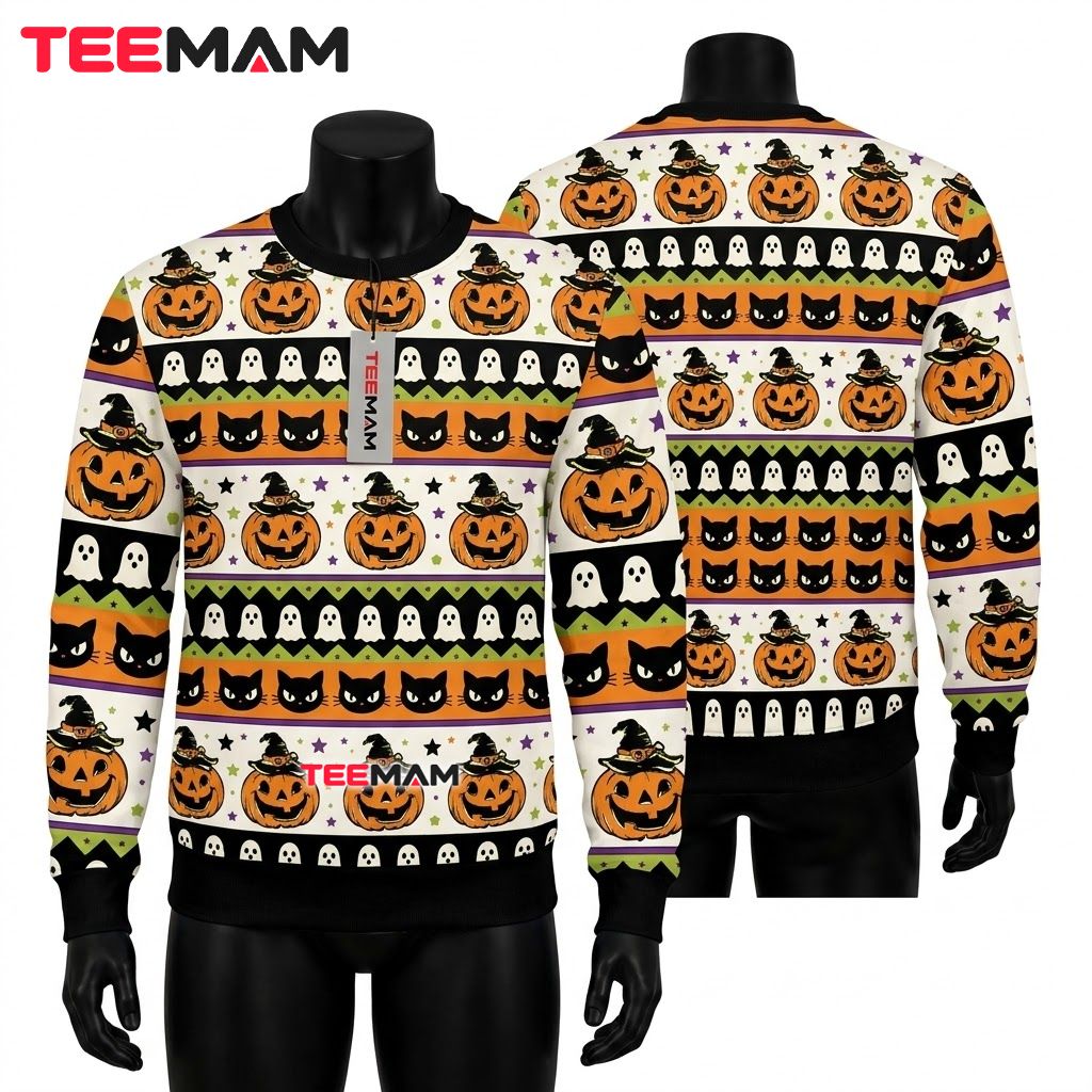 Pumpkin Ugly Halloween Sweater Black Cat Ghost Pattern Front