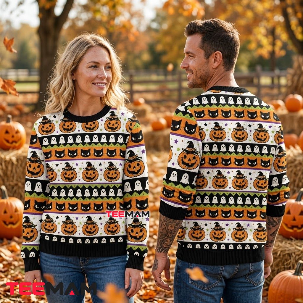 Pumpkin Ugly Halloween Sweater Black Cat Ghost Pattern Back Pumpkin Ugly Halloween Sweater Black Cat Ghost Pattern Back