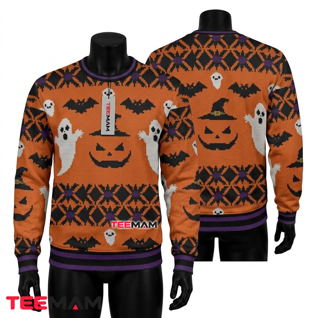 Pumpkin Ugly Halloween Sweater Ghost Bat Witch Hat Front