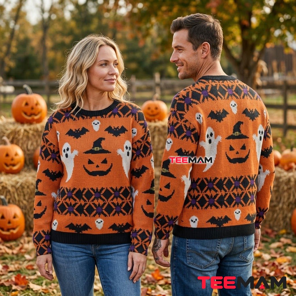Pumpkin Ugly Halloween Sweater Ghost Bat Witch Hat Back Pumpkin Ugly Halloween Sweater Ghost Bat Witch Hat Back