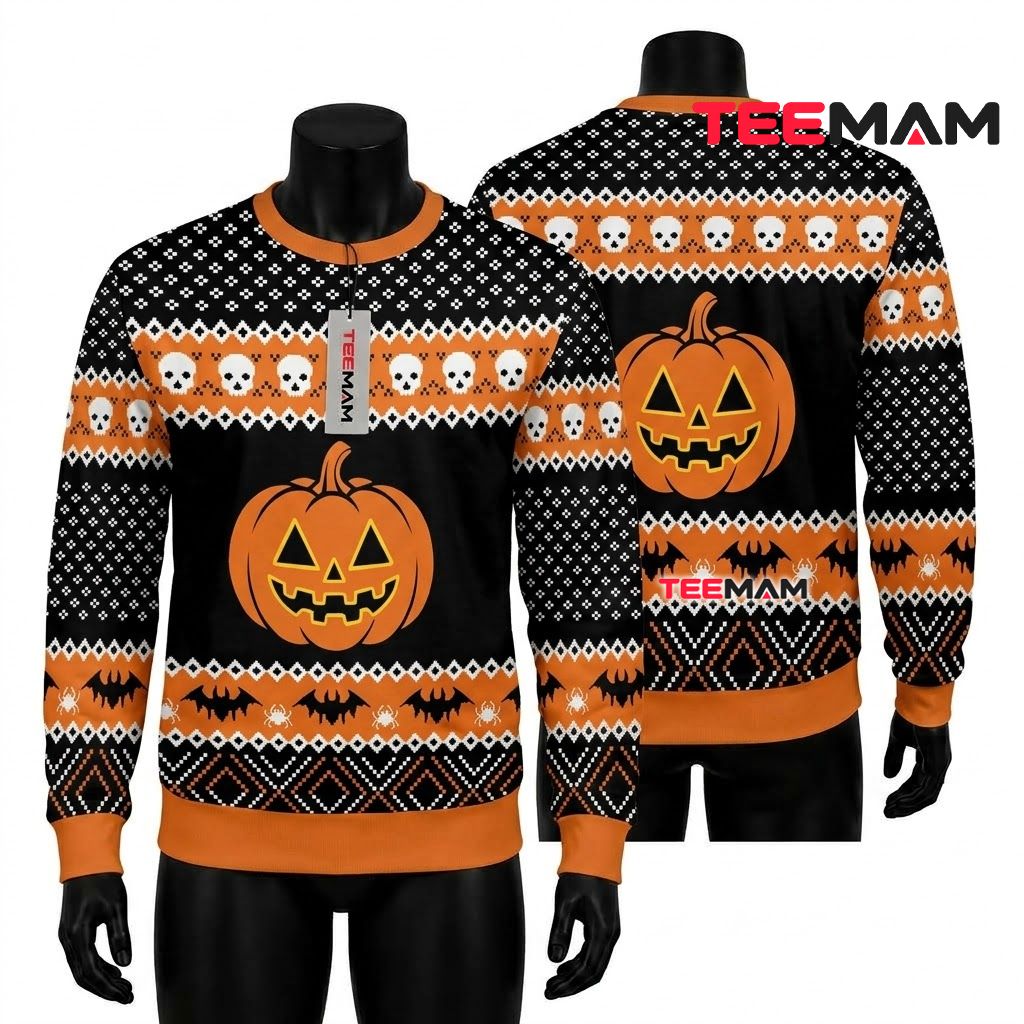 Pumpkin Ugly Halloween Sweater Skull Bat Diamond Print Front