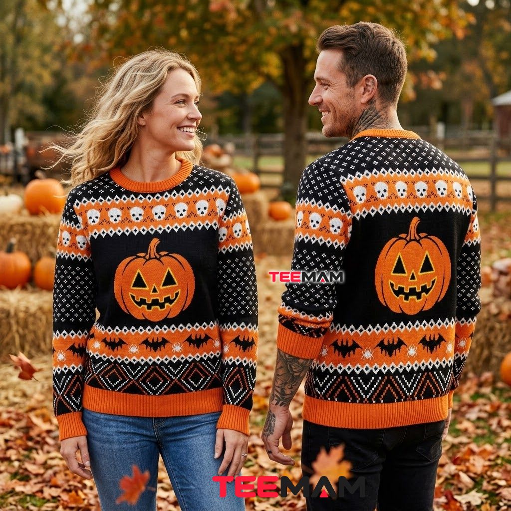 Pumpkin Ugly Halloween Sweater Skull Bat Diamond Print Back Pumpkin Ugly Halloween Sweater Skull Bat Diamond Print Back
