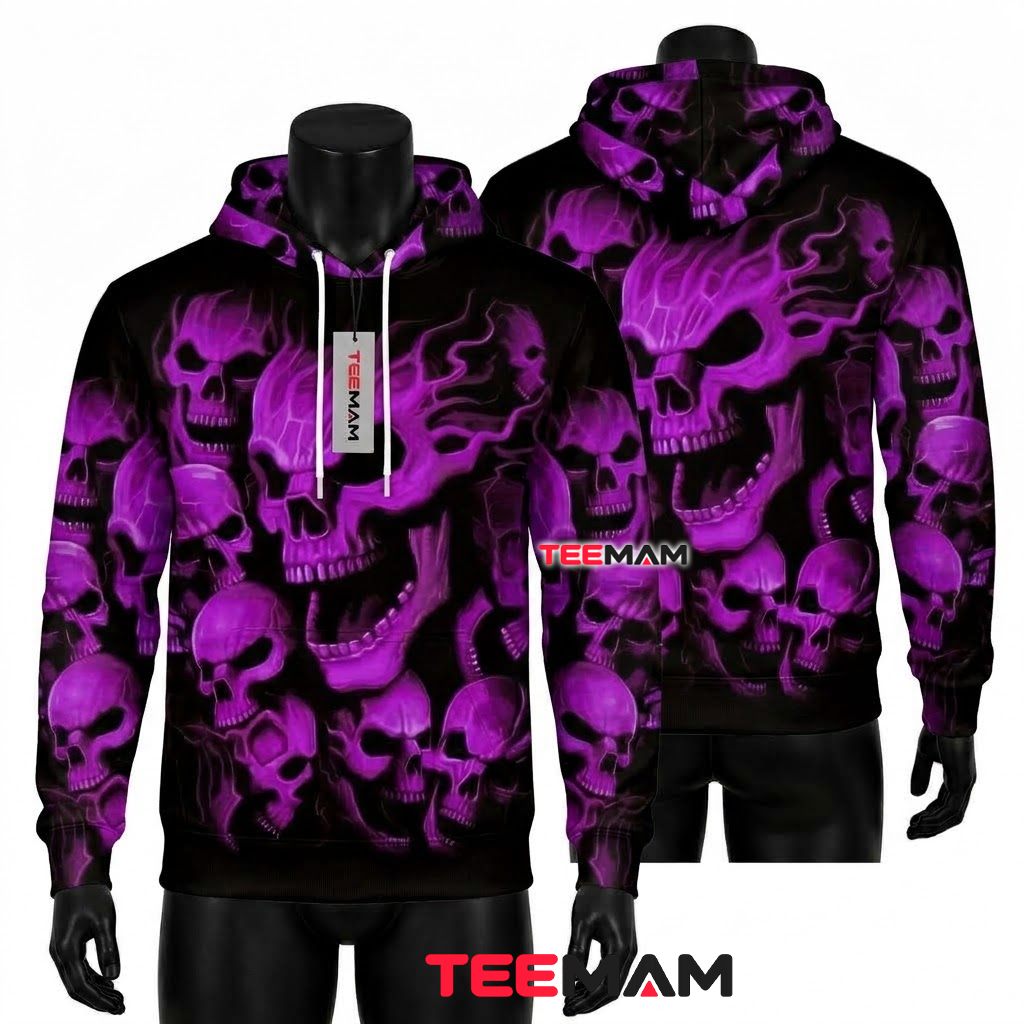 Purple Flame Skull Pile 3D Hoodie Front