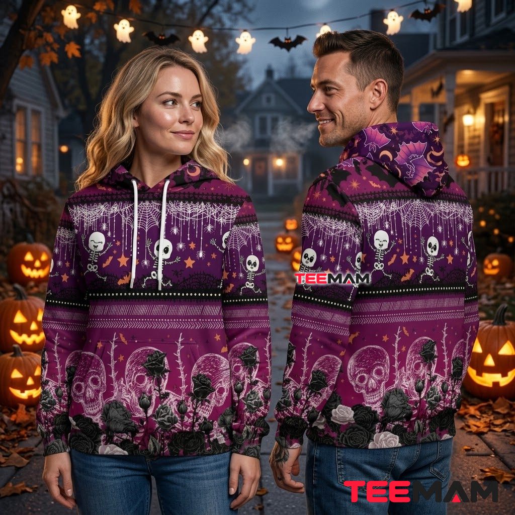 Purple Skeleton Rose Halloween 3D Hoodie Back Purple Skeleton Rose Halloween 3D Hoodie Back
