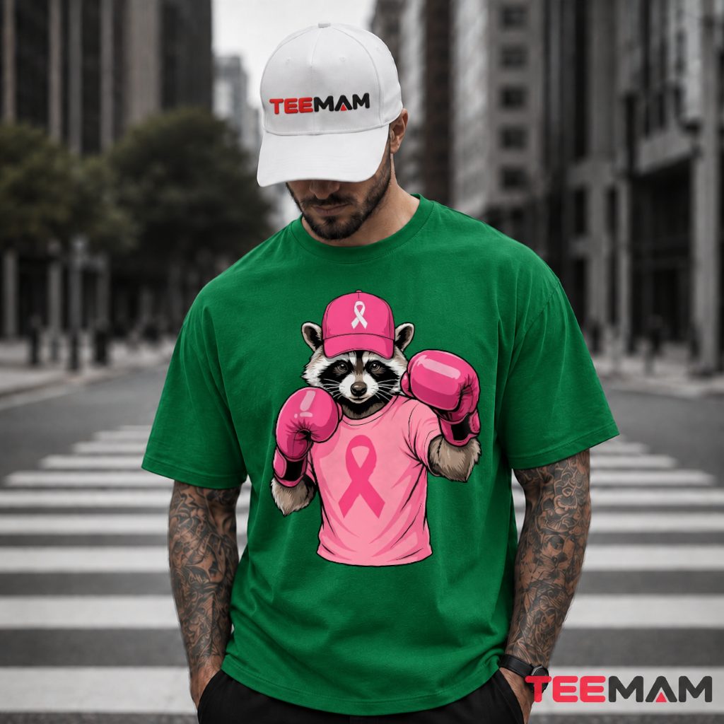 Raccoon Boxing Gloves Cap Pink Ribbon T-Shirt