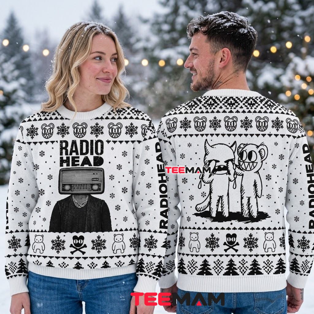 Radiohead Ugly Christmas Sweater Bear Character Black White Design Back Radiohead Ugly Christmas Sweater Bear Character Black White Design Back