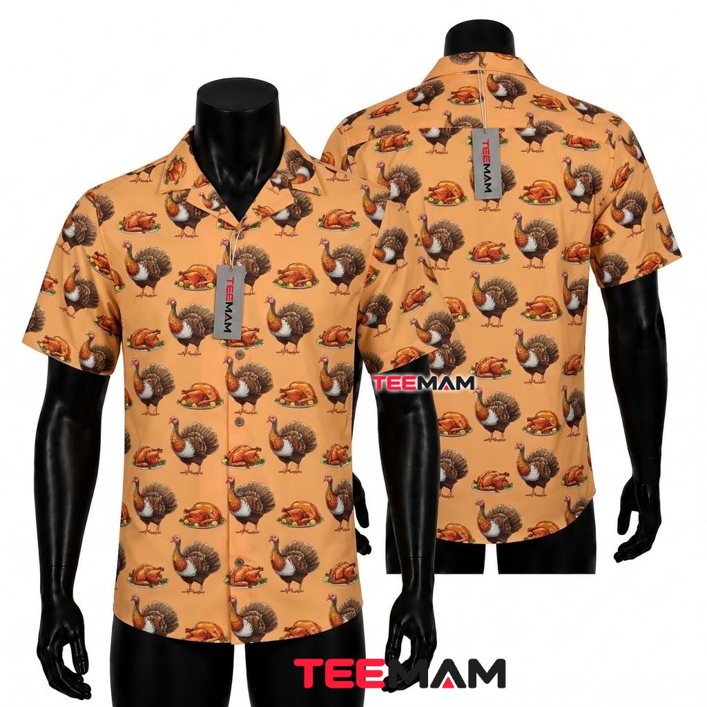 Realistic Thanksgiving Hawaiian Shirt Roasted Turkey Peach Front