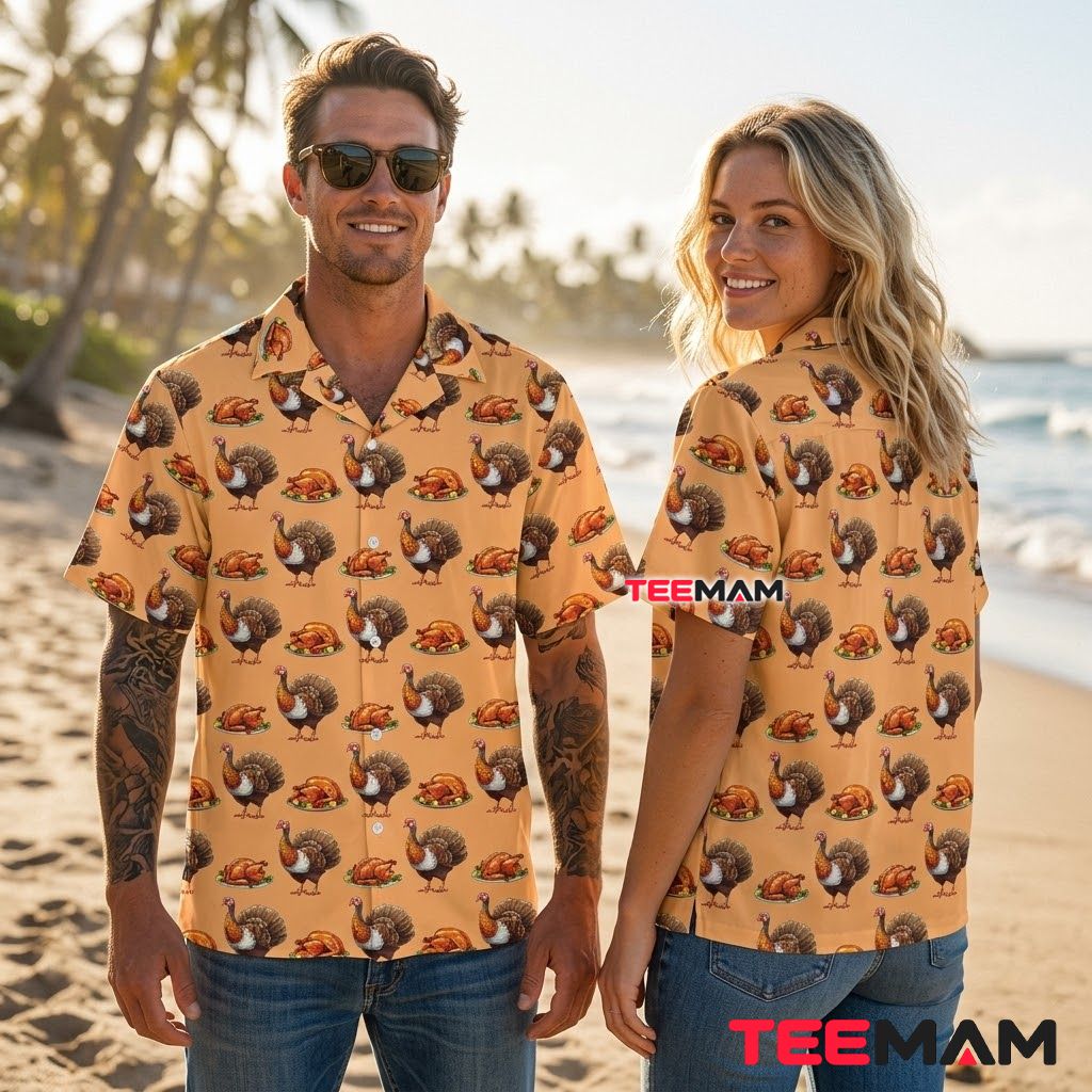 Realistic Thanksgiving Hawaiian Shirt Roasted Turkey Peach Back Realistic Thanksgiving Hawaiian Shirt Roasted Turkey Peach Back